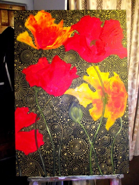 Stage 5 - the first layers of colour are added to the poppies