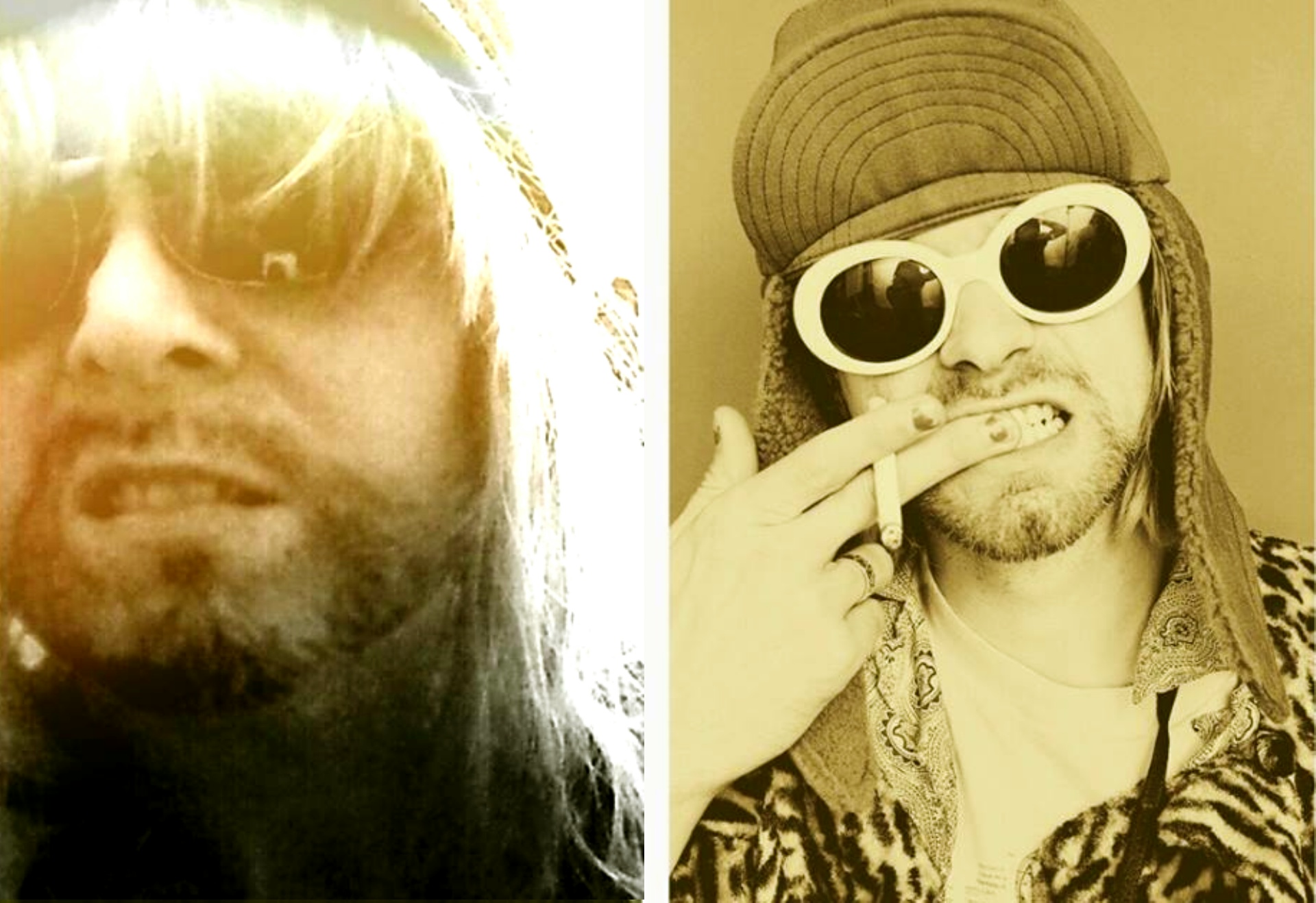Me (on the left) cross-dressing for my 40th as Kurt Cobain (on the right)